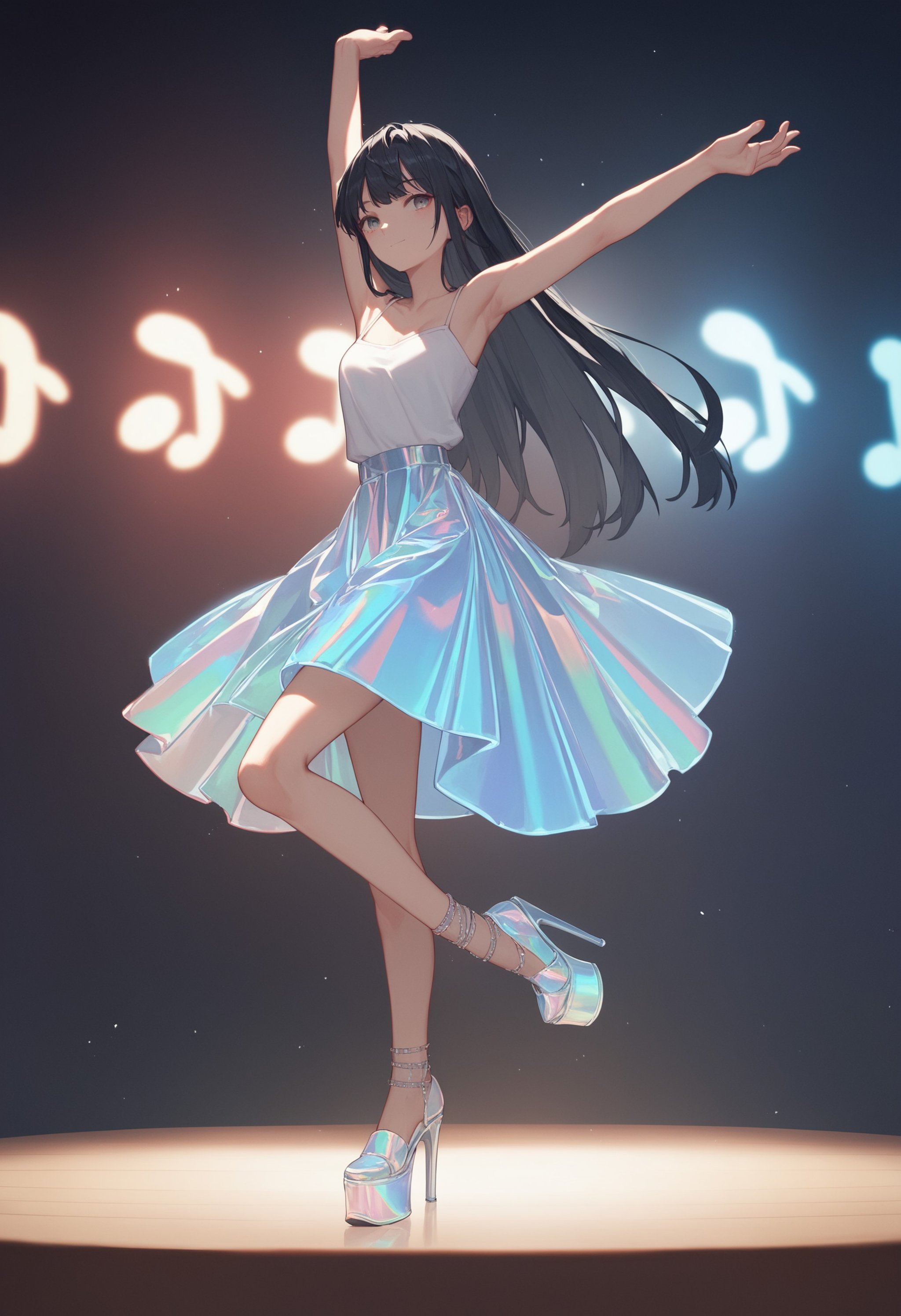 score_9, score_8_up, score_7_up, score_6_up, source_anime, <lora:holographic_v0.2-pony:1>1girl, long hair, black hair, camisole, holographic skirt, dancing, miniskirt, stage lights, platform heels, holographic footwear, music,knee up, 