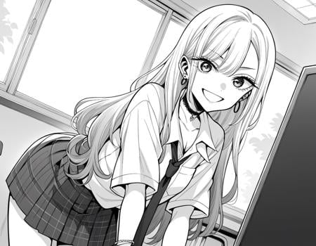 score_9, score_8_up, score_7_up, source_anime,marinkitagawa, <lora:marin-kitagawa-manga-ponyxl-lora-nochekaiser:1>,marin kitagawa, long hair, bangs, monochrome, greyscale,skirt, shirt, jewelry, school uniform, white shirt, pleated skirt, earrings, necktie, choker, bracelet, plaid, black choker, plaid skirt,indoors, classroom, bent over, smile,looking at viewer, cowboy shot, dutch angle, solo,