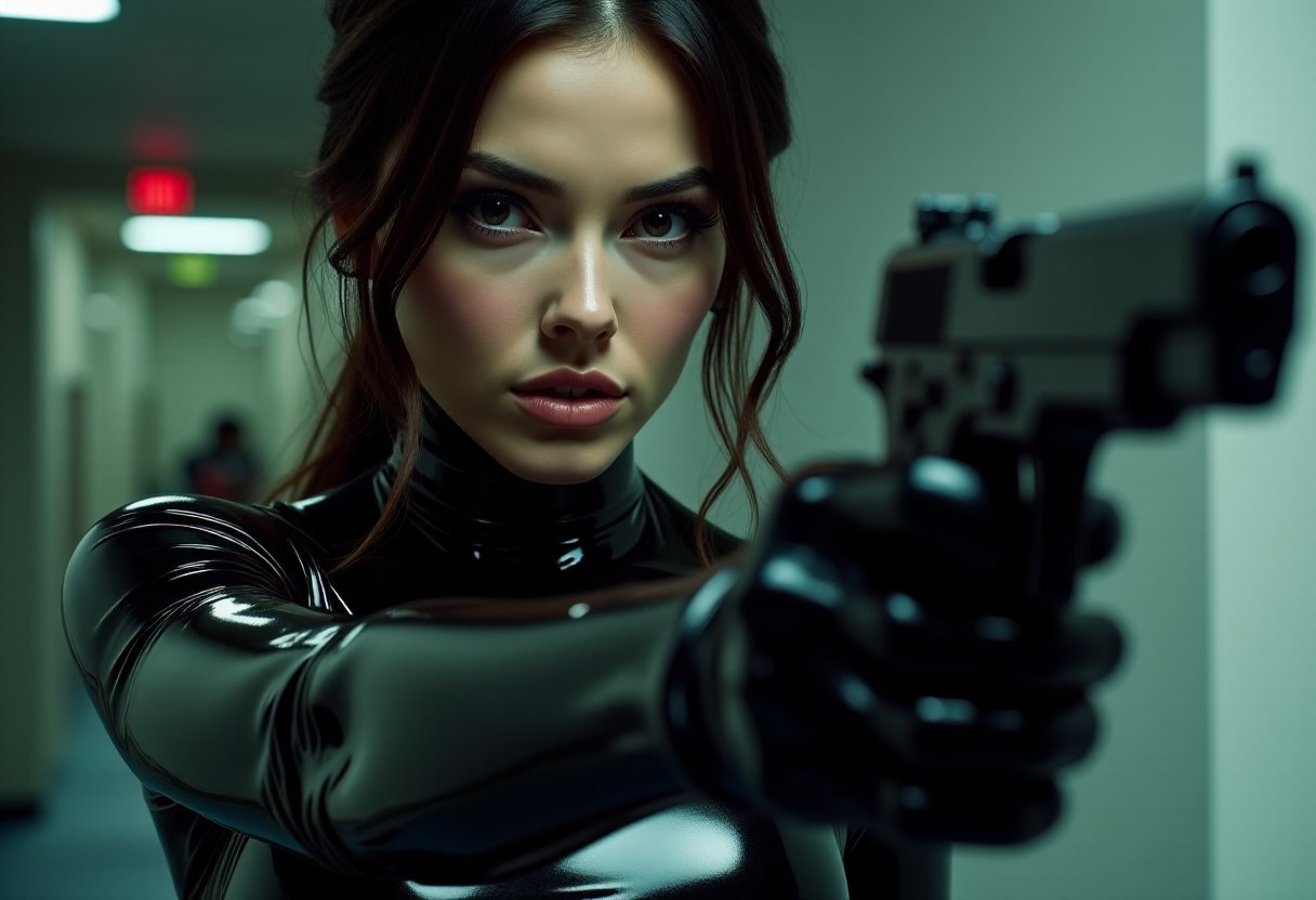 Cinematic realistic shot of a beautiful female agent wearing full black shiny latex bodysuit, holding a pistol, aiming at the camera,  aiming pistol, secret bunker in background, super realistic, amazing details <lora:FluxWeaponPistol:1>