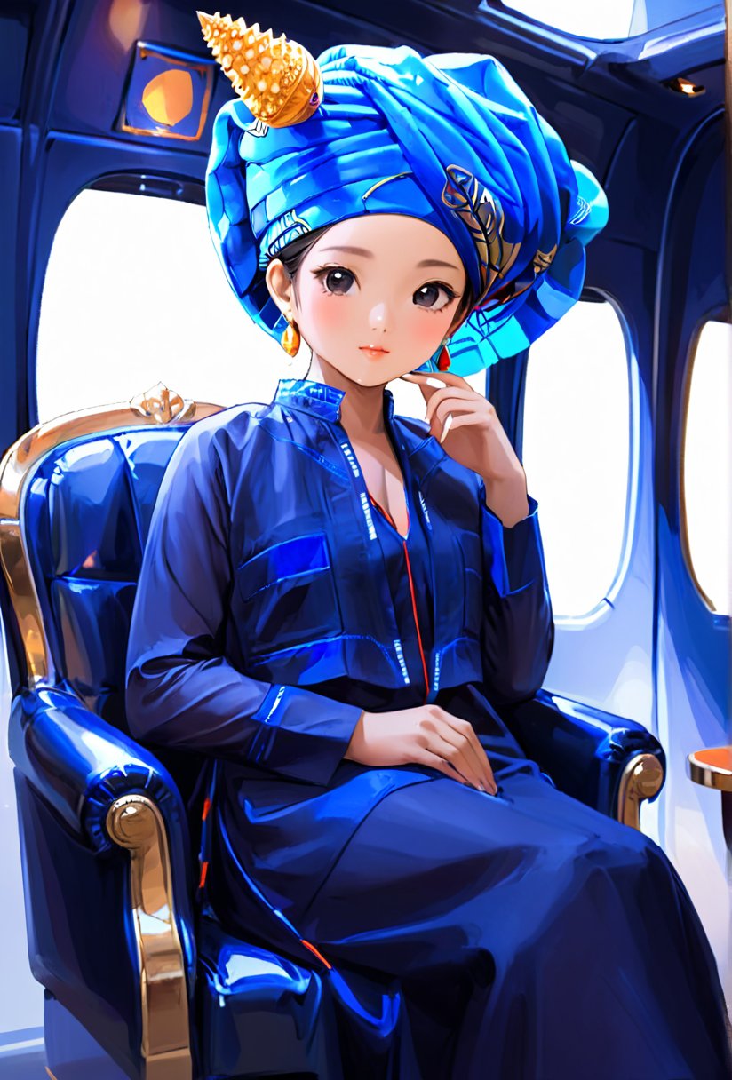 Young asian girl on a luxurious aircraft, paoh dress, navy blue paoh traditional dress, turban, beautiful face, sitting posture on a chair, transparent blouse, tights, seated figure that catches the eye with beautiful legs, digital artwork, luxurious and glamorous style, ambient cabin lighting, expressive artist, Luxurious and elegant tones, detailed and stylized high resolution emphasize charm. <lora:paoh_dress-000007:1>