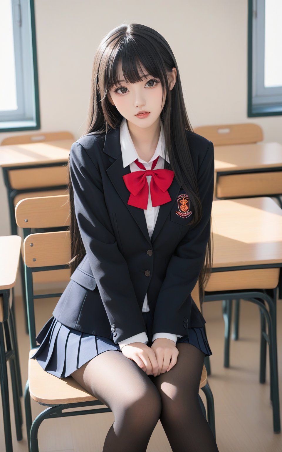 1girl,  pantyhose,  solo,  long hair,  black hair,  school uniform,  red eyes,  indoors,  sitting,  desk,  skirt,  feet,  classroom,  no shoes,  looking at viewer,  bow,  hand on own face,  hand on own cheek,  red bow,  school desk,  jacket,  black pantyhose,  bowtie,  shirt,  red bowtie,  blazer,  blush,  open mouth,  chair,  bangs,  pleated skirt,  white shirt,  breasts,  toes,  black jacket,  on desk,  long sleeves,  school chair,  collared shirt,  :o,  very long hair,  foot focus,  cuteloli,  backlight,