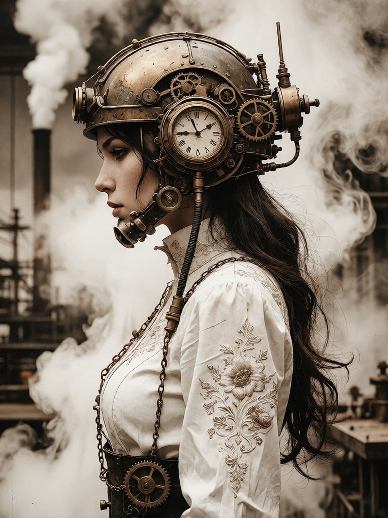 Bradhamel art style. A woman in profile,  wearing a detailed steampunk helmet adorned with brass gears,  pipes by inknoir...