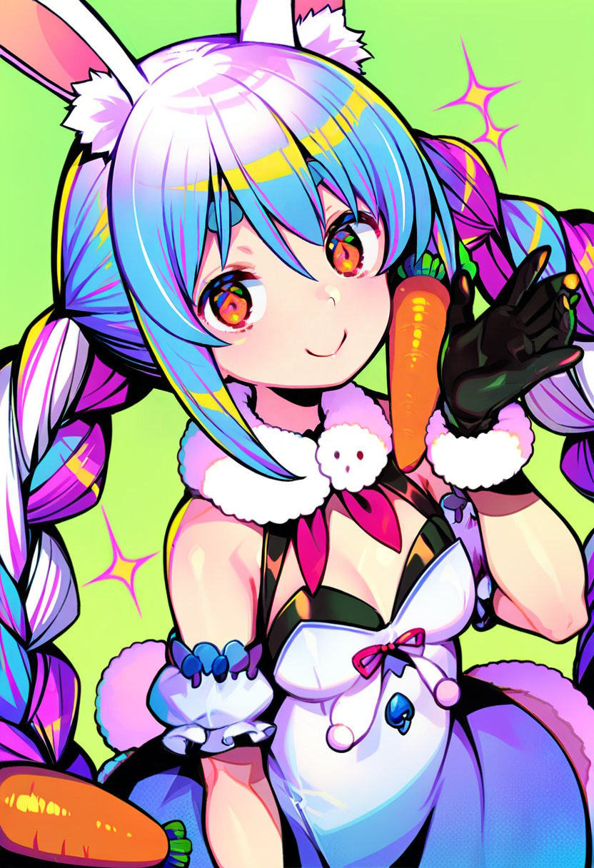 score_9, score_8_up, score_7_up, score_6_up, <lora:GyokaiXL_P6_lokr_V53P1E1:0.95> 1girl, animal ears, usada pekora, virtual youtuber, rabbit ears, long hair, gloves, solo, braid, twin braids, black gloves, hair ornament, blue hair, animal ear fluff, food-themed hair ornament, multicolored hair, carrot hair ornament, white hair, rabbit girl, smile, breasts, don-chan \(usada pekora\), two-tone hair, tail, rabbit tail, looking at viewer, fur-trimmed gloves, twintails, fur trim, thick eyebrows, bangs, dress, bunny-shaped pupils, white dress, closed mouth, green background, symbol-shaped pupils, short sleeves, cleavage, detached sleeves, red eyes, puffy sleeves, puffy short sleeves, carrot, sparkle, small breasts, orange eyes, hair between eyes