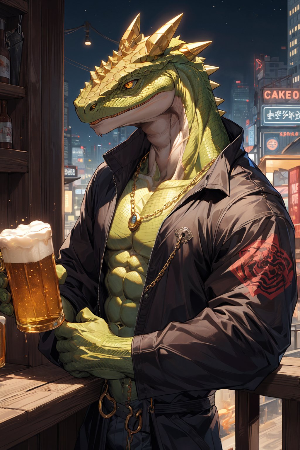 (From above),best hands,best quality, (official art:1.15),(close-up face:1.37),(ultra detailed 8k art,fantasy),skyscraper,(upper body, focus green lizard man,lizard yellow eyes,anthro:1.2),(gangster,From front,scales),big tattoo on chest BREAK(muscular:1.25) ,(intricately carved head gold spikes), metropolis,night party,drinking beer from a large beer mug,lean on metal railing,grab a beer mug,(night bar),gold claw BREAKthick lower body,scary face,night view,A black jacket opens,golden chain necklace,old scar on half of face,(anthros crowd),neon light,roll up the sleeves