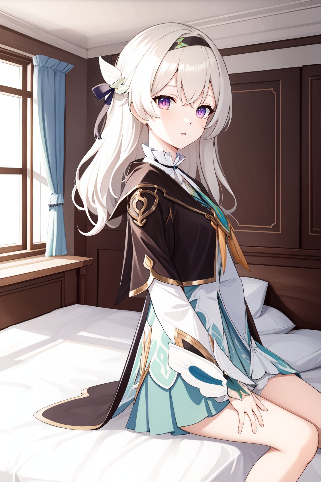 <lora:流萤10-000010:0.75>,liuying,bangs,long sleeves,hair ornament,black capelet,high quality,green dress,bare legs,indoors,bedroom,indoors,detailed face, 1girl,,  (masterpiece,best quality:1.2),absurdres