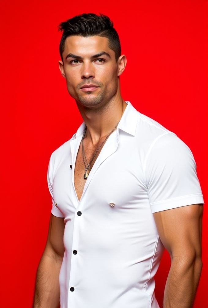 Cristiano Ronaldo ,  The image is a high-resolution photograph,  standing against a solid red background. wavy hair styled...