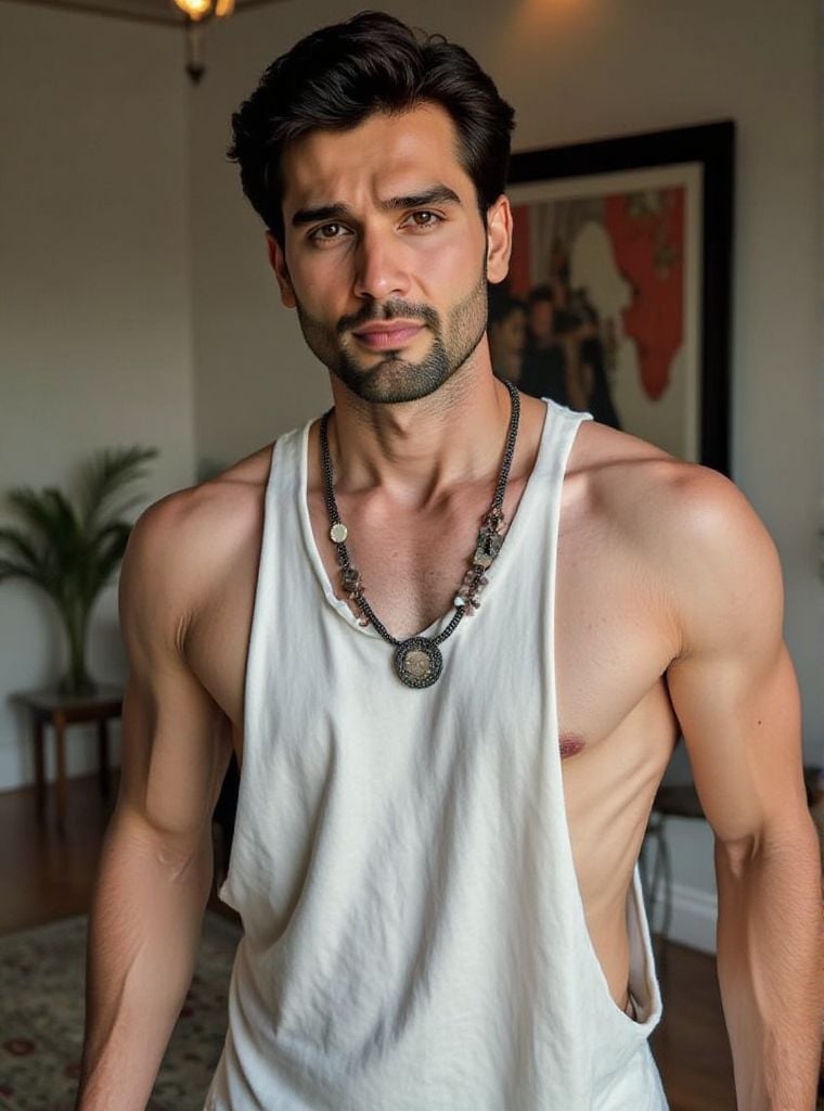 Rohit Khandelwal ,  droparm tank top,  necklace by HottiesnHotties on Tensor.Art