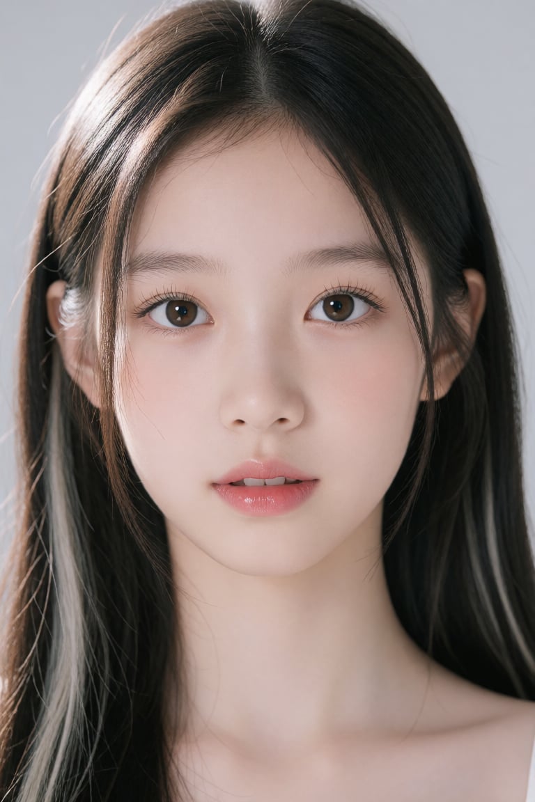 A headshot portrait of a young East Asian female,  appearing to be in her late teens,  is centrally framed. She has long b...
