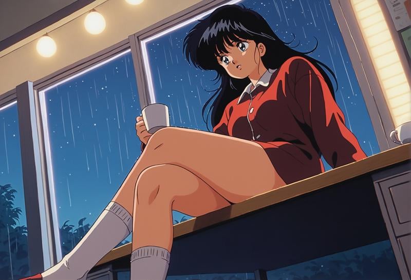 score_9, score_8_up, score_7_up,score_6_up,high resolution,digital art,retro,mdk,1girl,solo,black hair,long hair,night,raining outside,in bedroom,looking outside window,pijama,socks,looking sideways,volumetric lighting,depth of field,full body,from side,cozy room,crossed legs,legs on desk,from below,detailed,lo-fi,holding cup