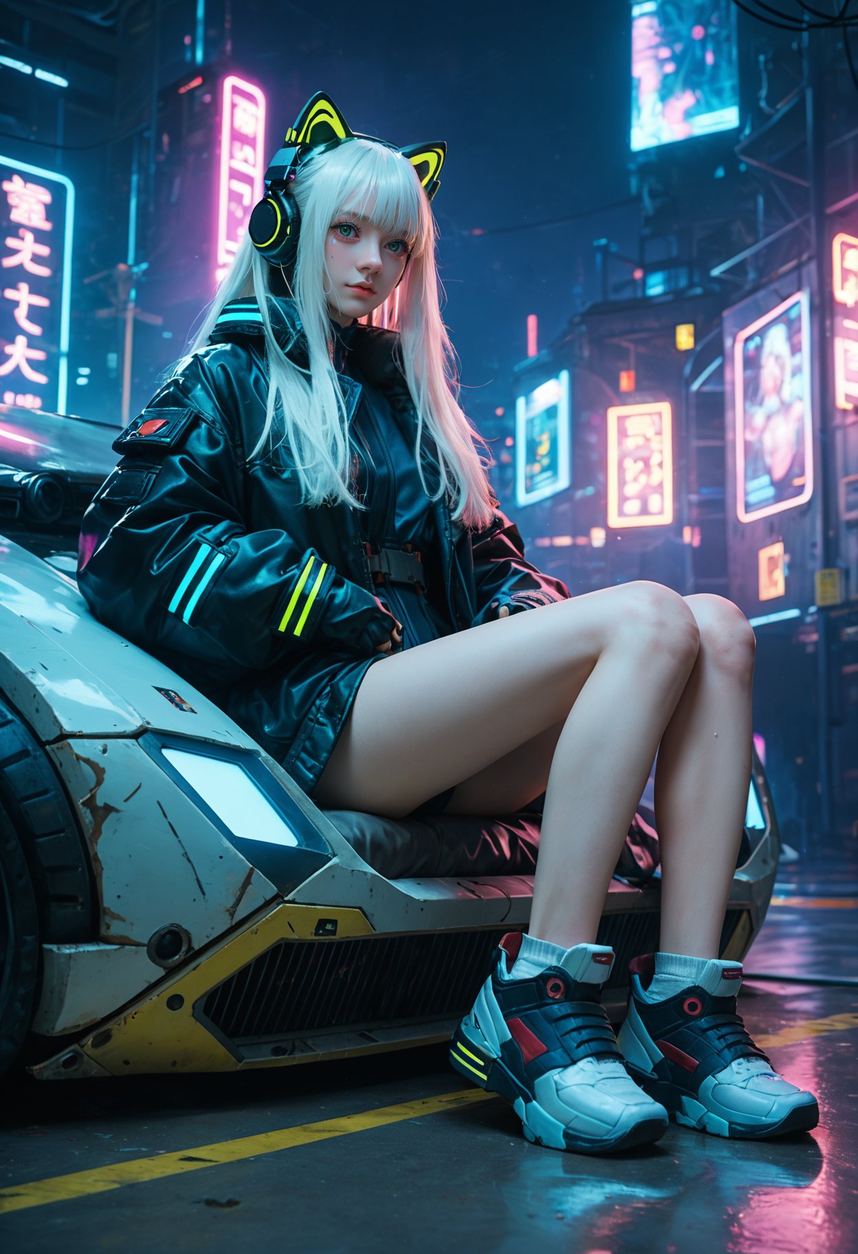 score_9,score_8_up,score_7_up,masterpiece,best quality,8k,dramatic lighting,cold colors,1girl,animal ears,Waist bag,bangs,cat ear headphones,cat ears,cyberpunk,headphones,headset,Combat clothing,Sitting posture,Luminous,Multi light source clothing,indoor,Oblique lateral body,full body,science fiction,Luminous clothing,Future technological background,jacket,lips,long hair,looking at viewer,neon lights,night,shoes,sitting,solo,white footwear,white hair,glowing,