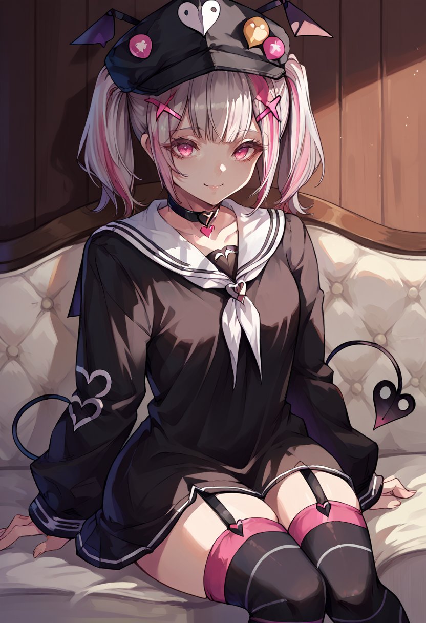 score_9, score_8_up, source_anime, 1girl, solo, SenaOriginal, pink eyes, multicolored hair, grey hair, pink hair, short hair, twintails, black hat, hat ornament, x hair ornament, black choker, heart choker, white sailor collar, white neckerchief, oversized shirt, black shirt, print shirt, garter straps, striped thighhighs, tail, two tails, indoors, sitting, on couch, smile, <lora:ChamAsumiSenaPonyXL:1>