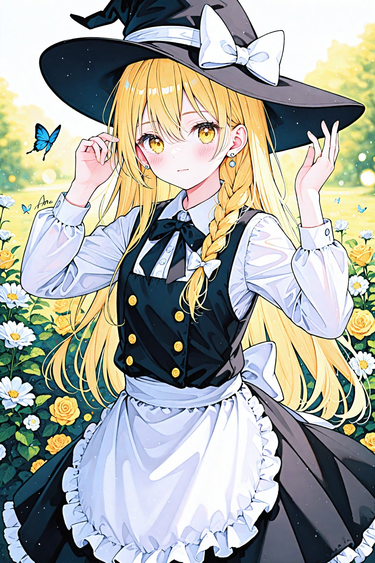 masterpiece,best quality,illustration,ultra detailed,hdr,Depth of field,(colorful),Artist ame929,1girl,hat,kirisame marisa,blonde hair,solo,yellow eyes,bug,witch hat,butterfly,long hair,braid,bow,flower,apron,black headwear,single braid,long sleeves,hair ornament,earrings,jewelry,white bow,hair flower,shirt,white shirt,closed mouth,hair between eyes,waist apron,white apron,black bow,white flower,hat bow,black skirt,blush,bowtie,skirt,black bowtie,looking at viewer,rose,hair bow,vest,black vest,frills,signature,buttons,hand on headwear,