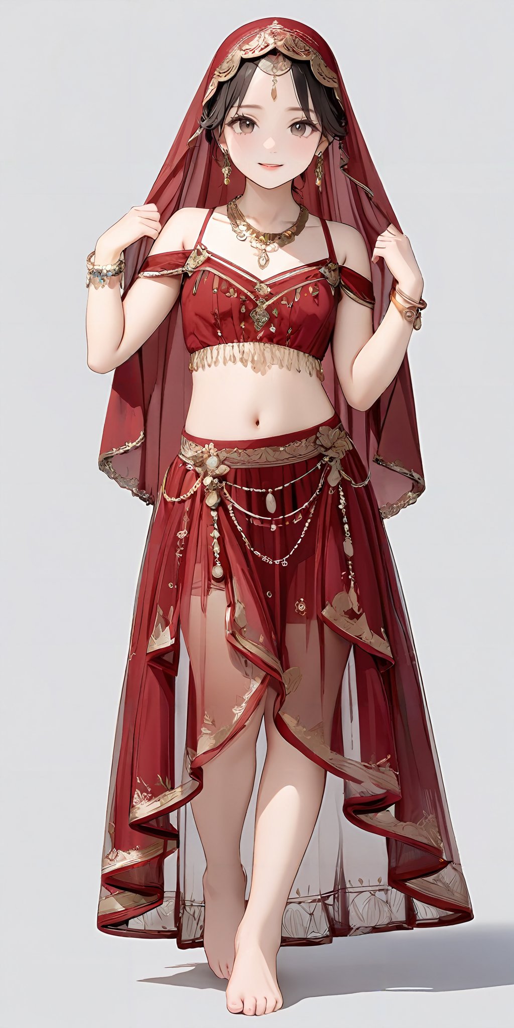 masterpiece,ultra-detailed,best quality,,8K,illustration,simple background,girl,cowboy shot,cute face,<lora:add-detail-xl:1> <lora:berry dance_XL_V1.0:0.4> jyojifuku, veil, bracelet, earrings, necklace, see-through,skirt,navel,barefoot