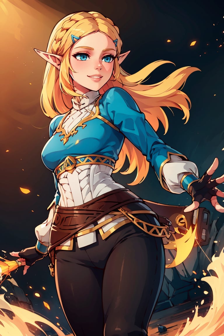 ((masterpiece,best quality)), aazelda, long hair, crown braid, hairclip, pointy ears, blue shirt, long sleeves, fingerless gloves, black gloves, black pants, tight pants, <lora:zelda_1:0.7>, smile,