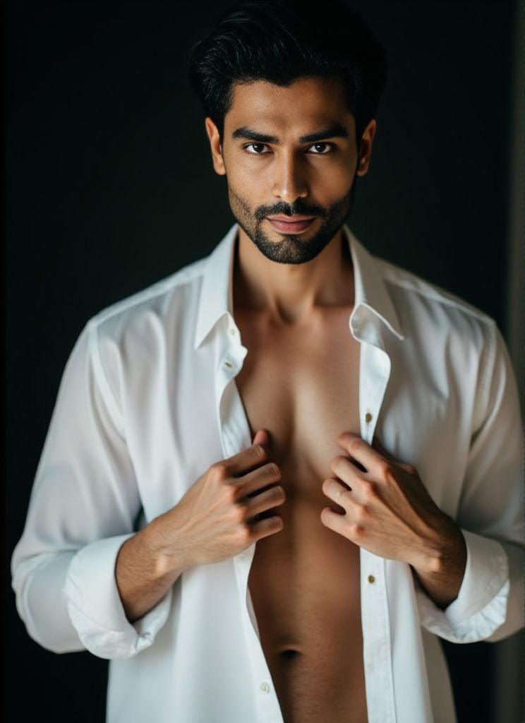 Rohit Khandelwal ,  Photorealistic . sheer white shirt half‑removed. intricate fabric textures. dramatic studio lighting....