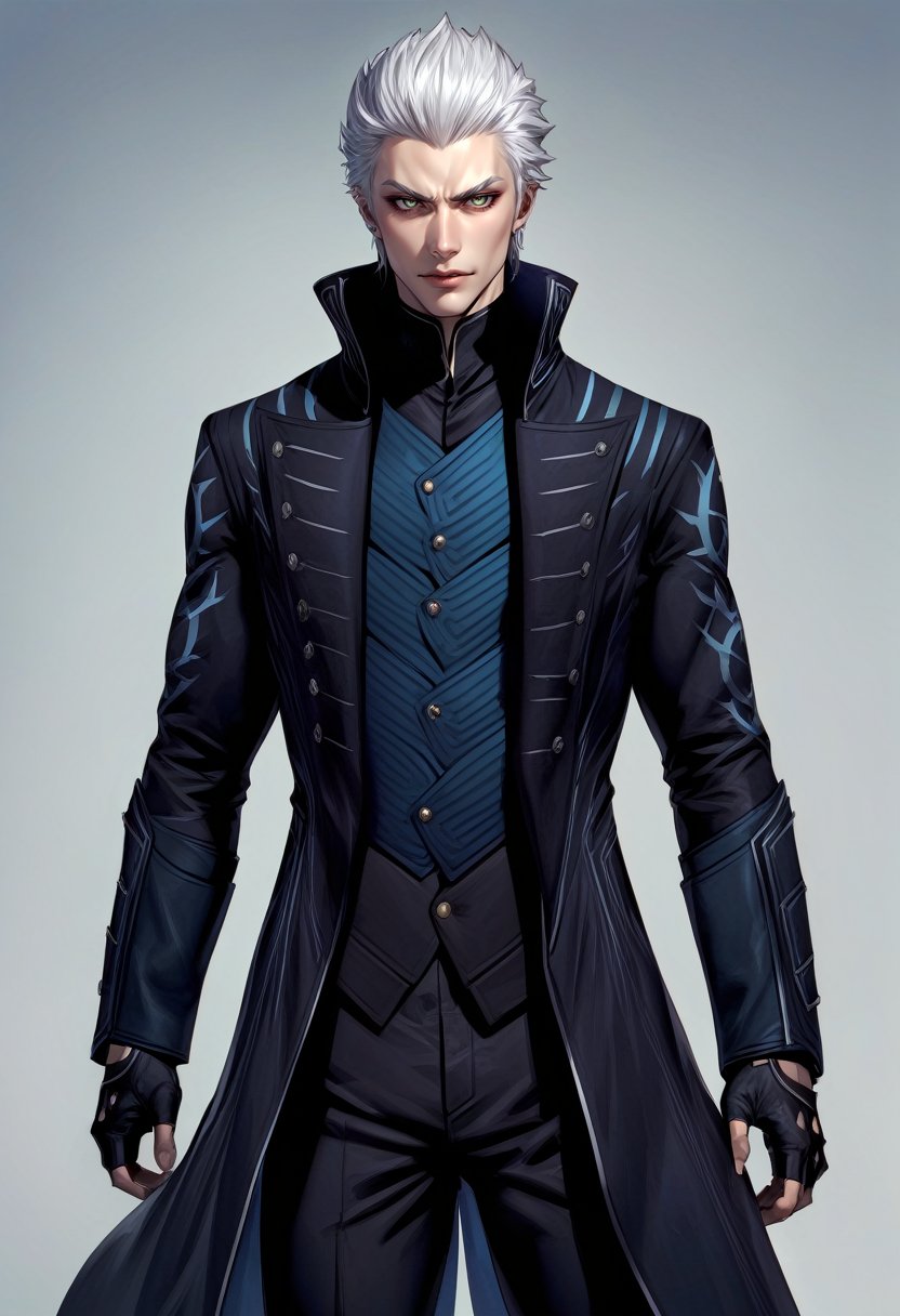 solo, male focus, 1boy, dmc5vergil, serious, looking at viewer, standing, v-shaped eyebrows, black coat, fingerless gloves, pants <lora:dmc5_vergil_xl-000004:1>