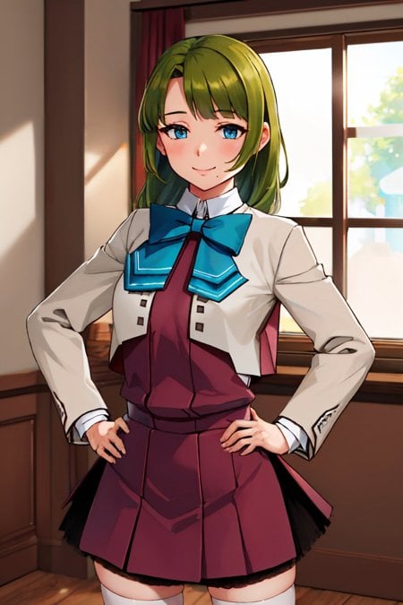 (masterpiece, best quality:1.2), <lyco:kancolle_yuugumokaini-10:1.0>, cowboy shot, solo, 1girl, yuugumo kai ni, smile, closed mouth, looking at viewer, hand on hip, single braid, school uniform, blazer, halterneck, bowtie, long sleeves, grey thighhighs