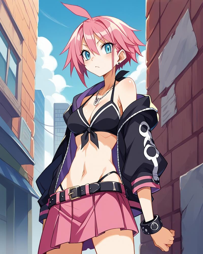 score_9, score_8_up, score_7_up, source_anime, solo, 1girl, hair bikini, city, , black top, long pink skirt, leaning back, Tuknir Deathlock, harada takehito, <lora:harada_takehito_PDXL-000001:1>