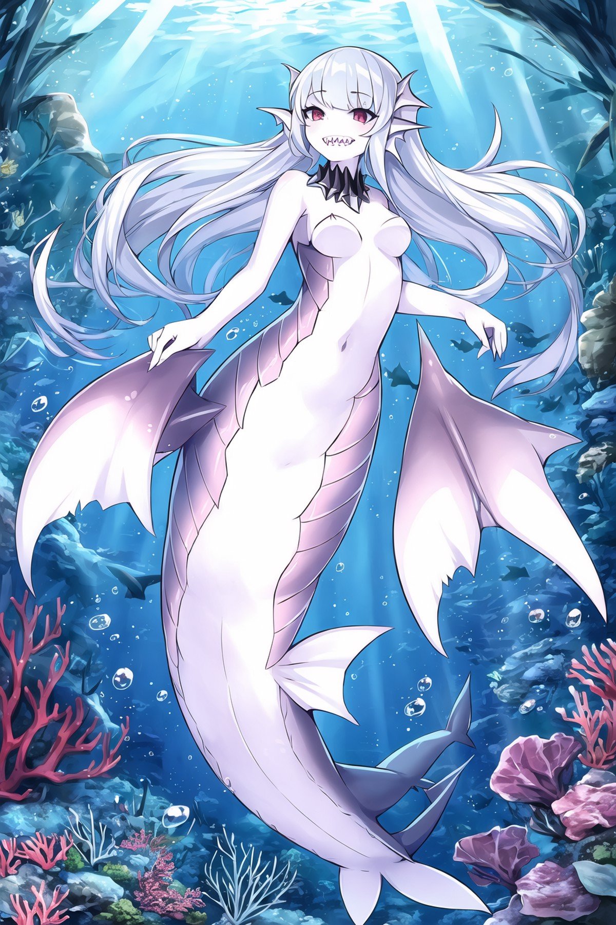 1girl, mermaid, mershark, sharp teeth, fins, white skin, mershark \(monster girl encyclopedia\), underwater, full body, masterpiece, best quality, masterpiece,