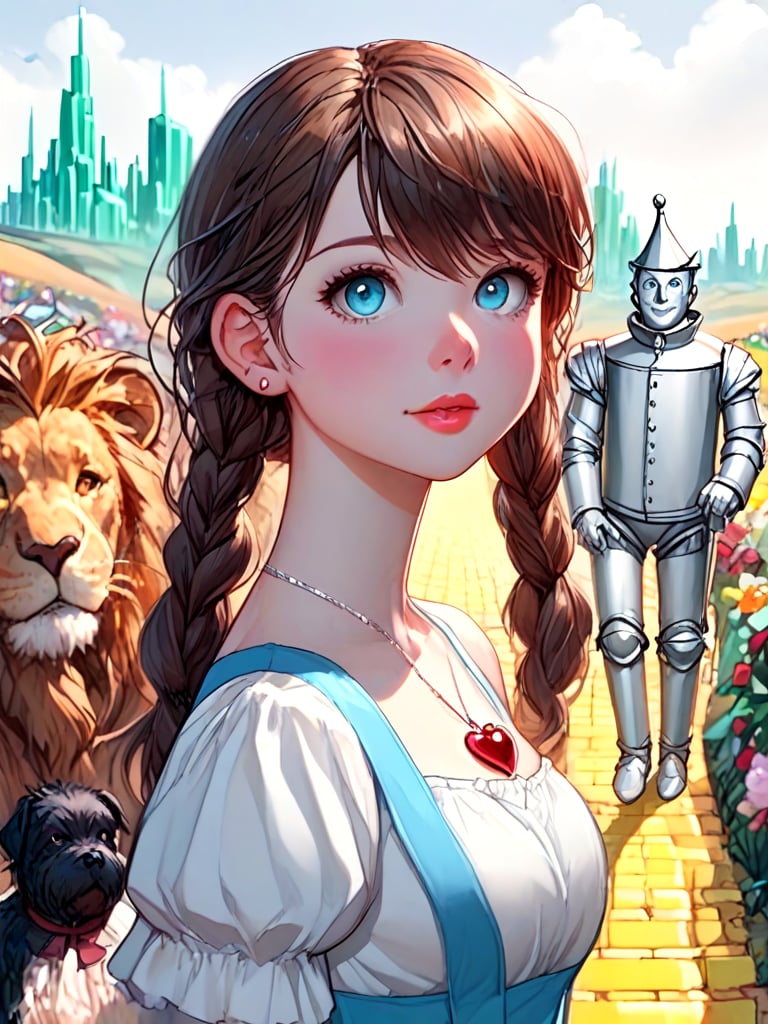 source_anime, oz, dorothy gale, brown hair, blue dress, miniskirt, silver shoes, cowardly lion, black toto, the scarecrow, tin man, looking at viewer, medium shot, upper body, close-up, emerald city in distance, <lora:girllikewizardofoz_pony:1>