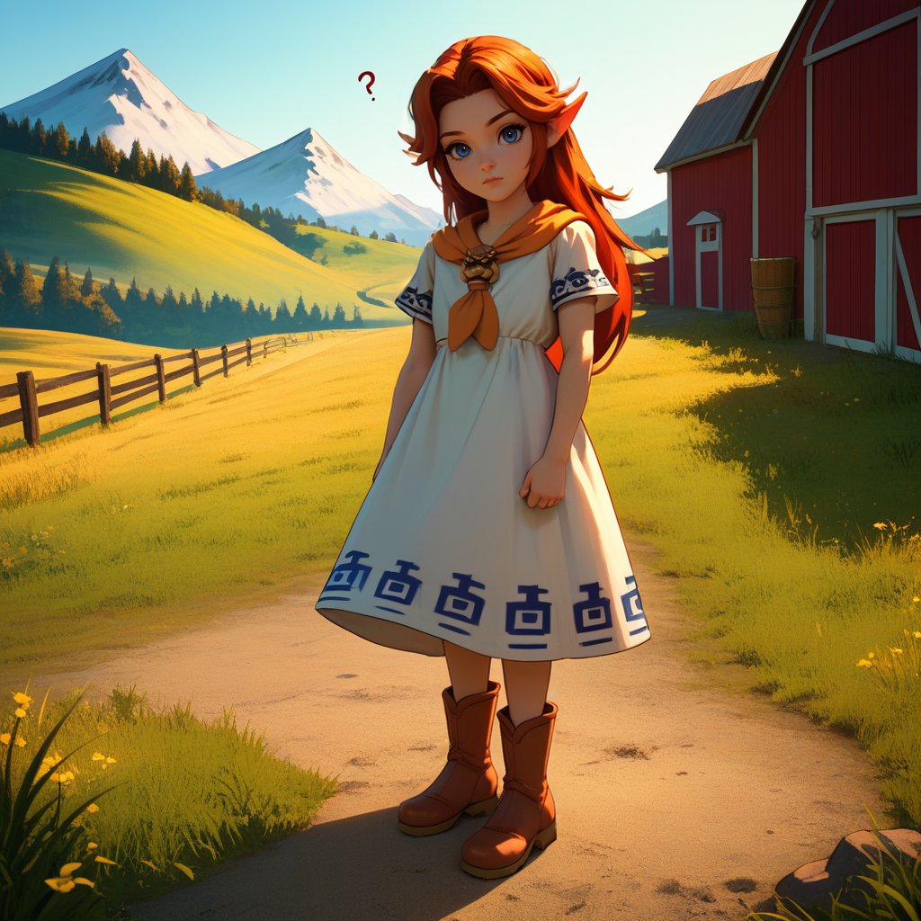 1girl,solo,cmalon,red hair,long hair,parted bangs,blue eyes,pointy ears,orange neckerchief,brooch,white dress,short sleeves,blue trim,brown boots,<lora:meh>,flat chest,outdoors,farm,mountain,grass field,standing,hands on own hips,looking at viewer,confused,<lora:StS_PonyXL_Detail_Slider_v1.4_iteration_3:1.2>,, score_9, score_8_up, score_7_up, perfect anatomy, source_anime, zPDXL2,