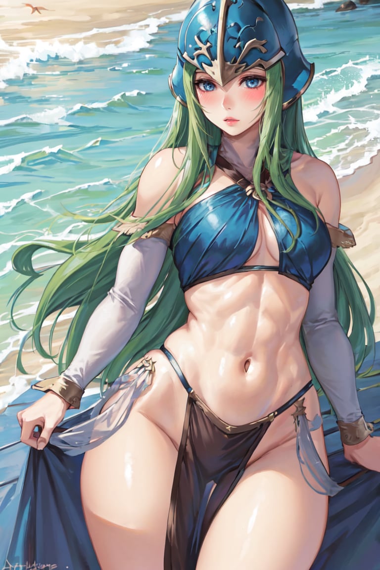 1girl, nephenee, white skin, blush, lips, blue eyes,  dancer lingerie, pelvic curtain, see-through, detached sleeves,, muscular female, curvy, helmet, perfect proportions, beach,