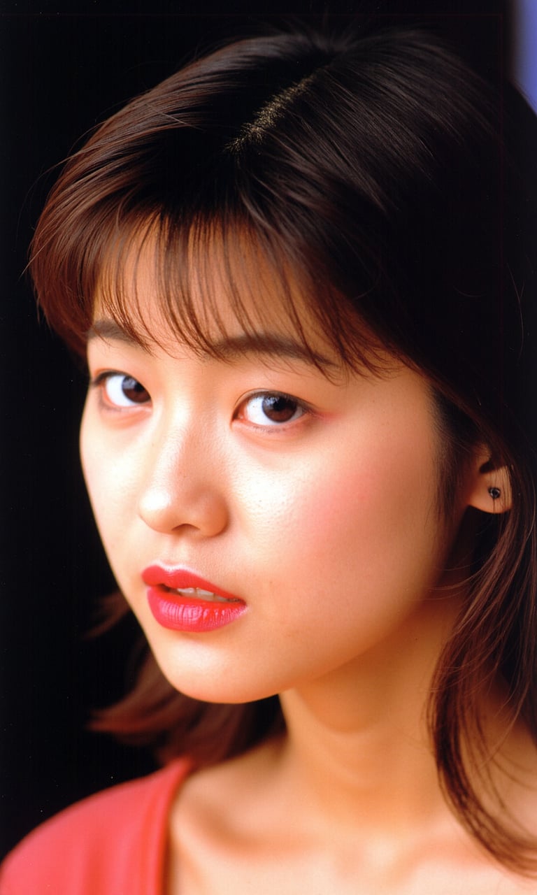 Japanese color film photograph of a woman,  depicted in an extreme close-up. The subject has medium-length,  straight brow...