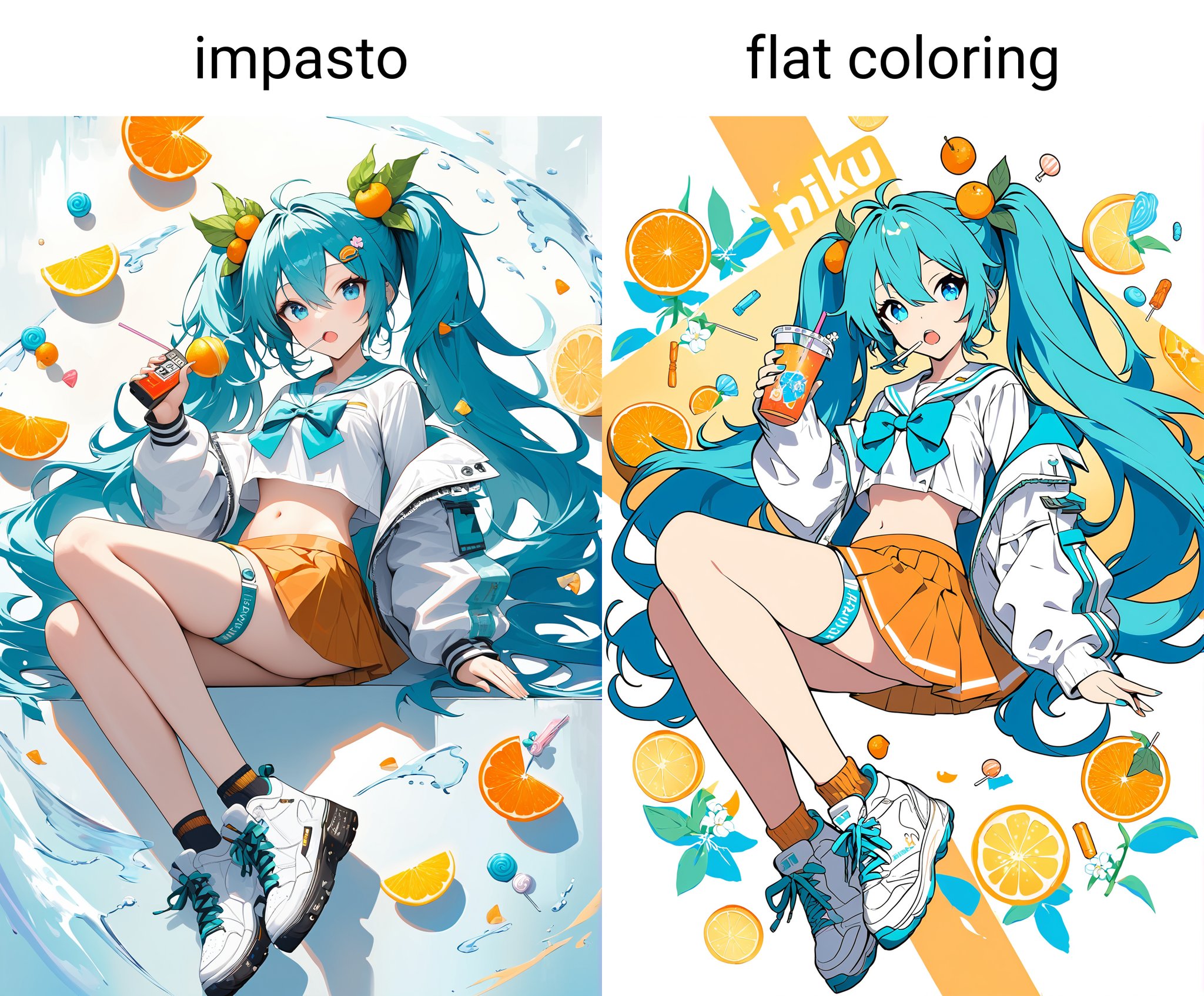 masterpiece,impasto,1girl, long hair, very long hair, skirt, solo, food, holding, navel, hatsune miku, twintails, blue hair, fruit, jacket, hair ornament, blue eyes, socks, pleated skirt, shoes, thigh strap, midriff, food-themed hair ornament, phone, drinking straw, full body, open mouth, cup, orange slice, yellow skirt, shirt, orange \(fruit\), open clothes, looking at viewer, open jacket, white shirt, candy, miniskirt, hair between eyes, long sleeves, lollipop, cellphone, holding phone, holding cup, sailor collar, white footwear, crop top, orange skirt, flower, white jacket, stomach, bow, sneakers