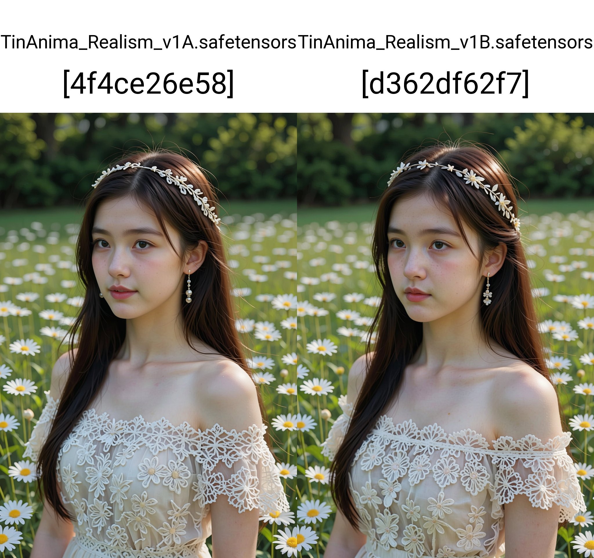 This photograph captures a young Asian woman with long,  dark hair and fair skin,  wearing a white off-shoulder lace dress...