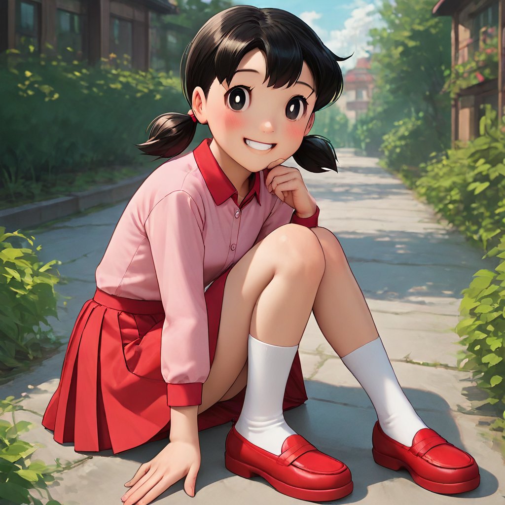 score_9, score_8_up, score_7_up, score_6_up, score_5_up, score_4_up, source_anime,minamoto shizuka,1girl, solo, skirt, twintails, red skirt, black hair, smile, shirt, outdoors, sitting, black eyes, looking at viewer, yokozuwari, bright pupils, low twintails, long sleeves, shoes, pink shirt, white pupils, collared shirt, grin, day, socks, white socks, short twintails, on ground, building, full body, blush, arm support, teeth, sky,masterpiece, perfect face, best quality, beautiful eyes, shiny eyes, anime coloring, anime screencap, absurdres, award winning,<lora:minamoto shizuka duck 907:0.8>