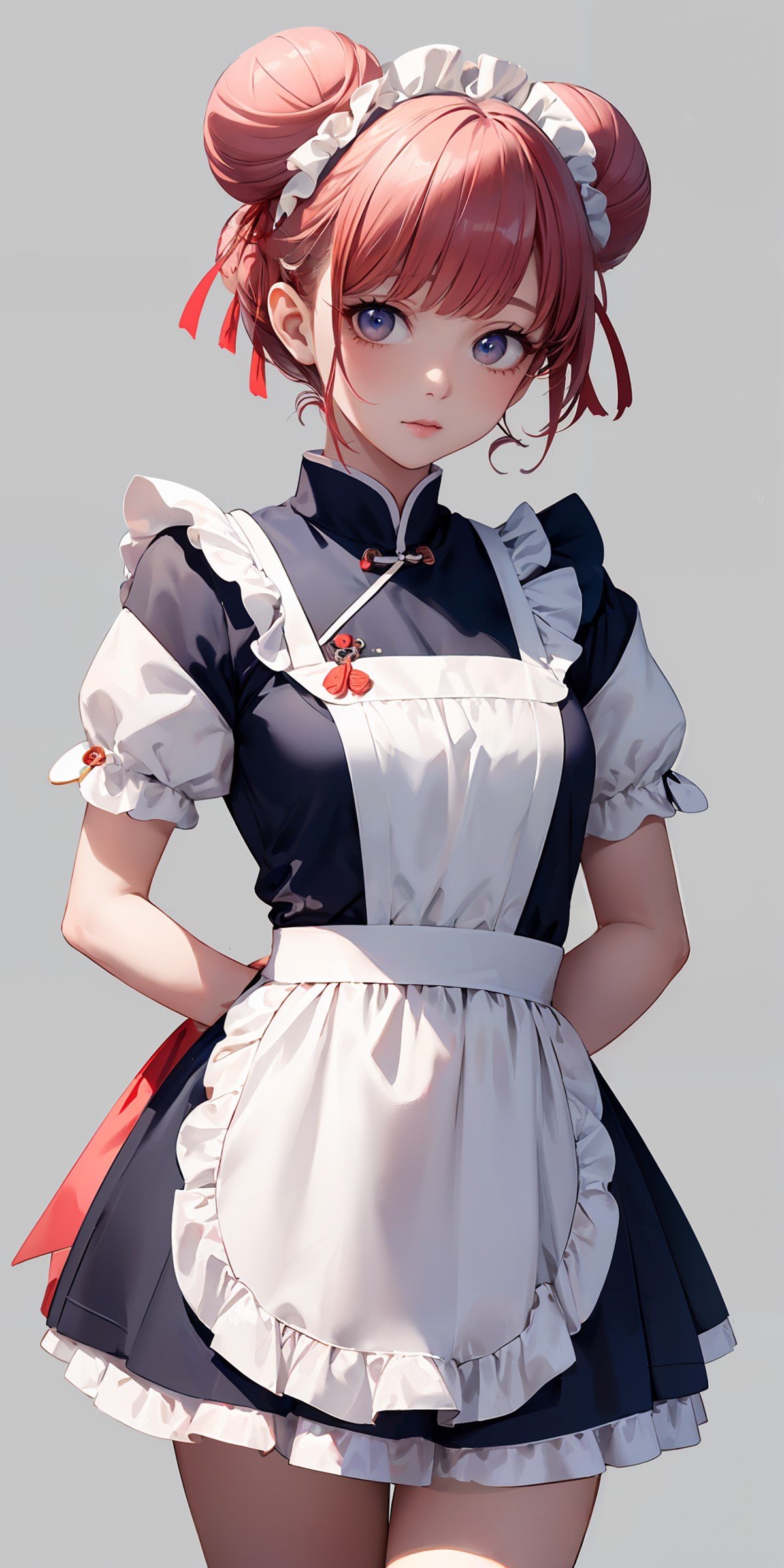 masterpiece,ultra-detailed,best quality,8K,illustration,cute face,clean skin ,shiny hair,girl,,simple background,cowboy shot,  <lora:china maid_V1.0:0.6> jyojifuku, china maid, apron, frills, double bun