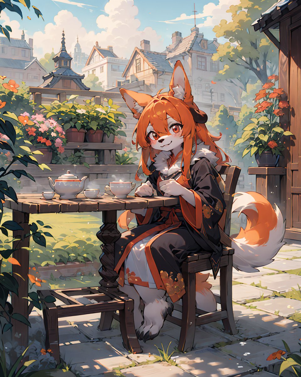 best hands,best quality,(masterpiece,ultra detailed 8k art,illustration),tea time,Fluffy,Anime style, (anthro, 1 girl,furry girl,drooping ears dog),out door, chinese clothes,orange long hair, (orange drooping ears),(drooping ears:1.2), orange tail, red eyes,flower garden,table BREAKchair, sitting, looking up at the sky, smile,(full body) <lora:zoom_slider_v1:-2>