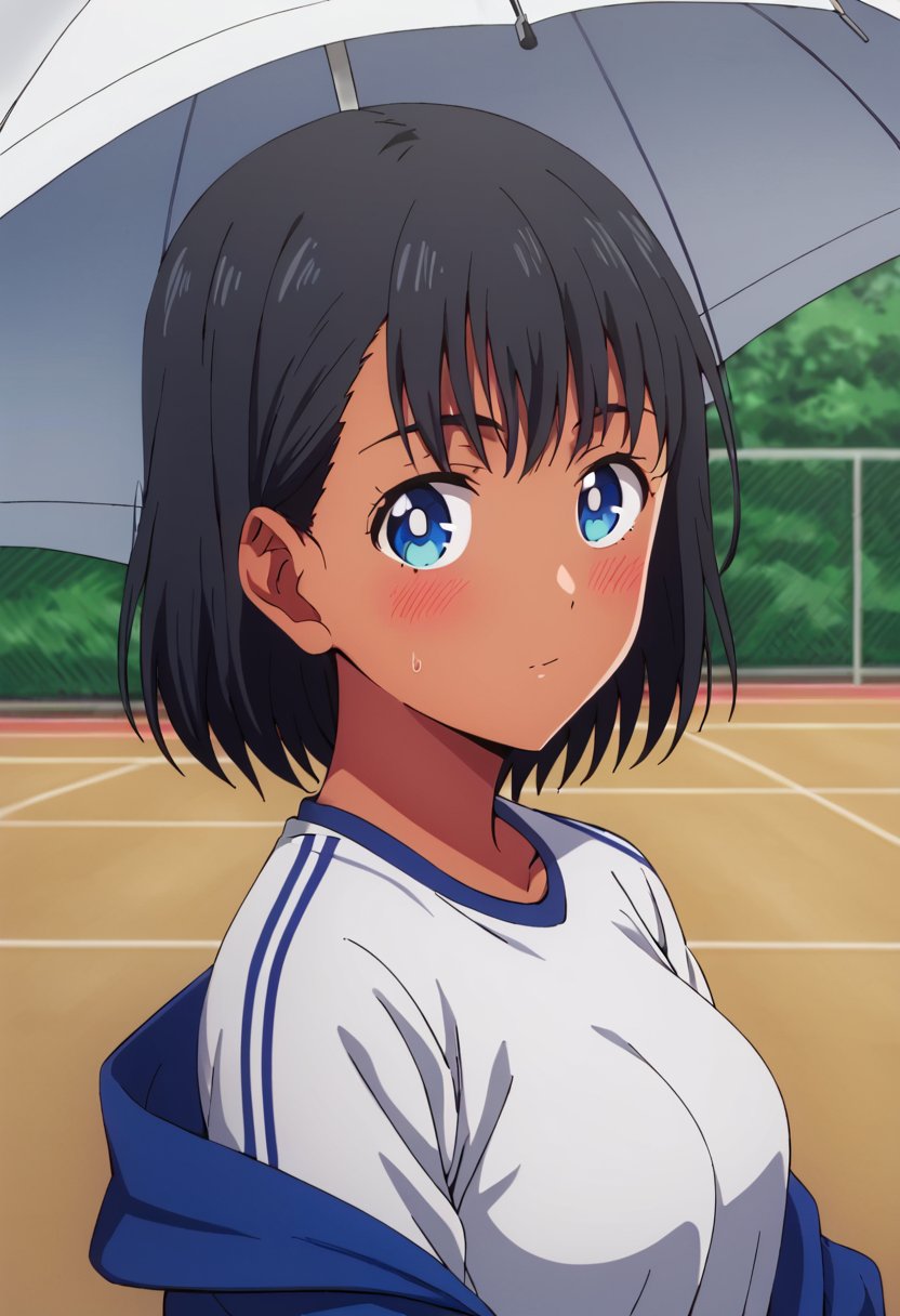 <lora:mio:1> mio, 1girl, solo, blue eyes, black hair, dark skin, short hair, shirt, blush, looking at viewer, jacket, sportswear, umbrella