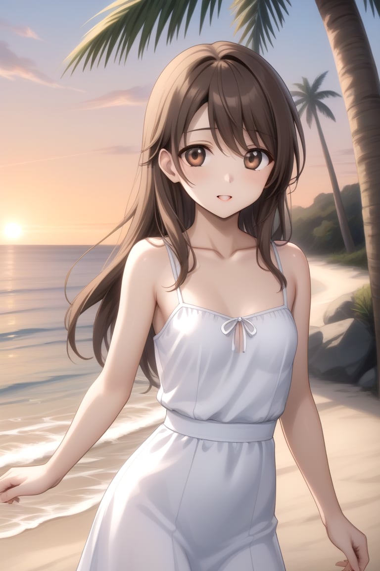 Highly detailed, High Quality, masterpiece, beautiful, BREAK 1boy, solo, male focus, 16 years old, 1boy, Yuu, long hair, collarbone, brown eyes, Brown hair, ((male chest:1.5)),BREAK beach, palm trees, sea, outdoors, sunset,BREAK dress, white dress, bare shoulders, BREAK side view, Focus waist, standing<lora:EMS-332415-EMS:0.600000>, <lora:EMS-438743-EMS:0.800000>