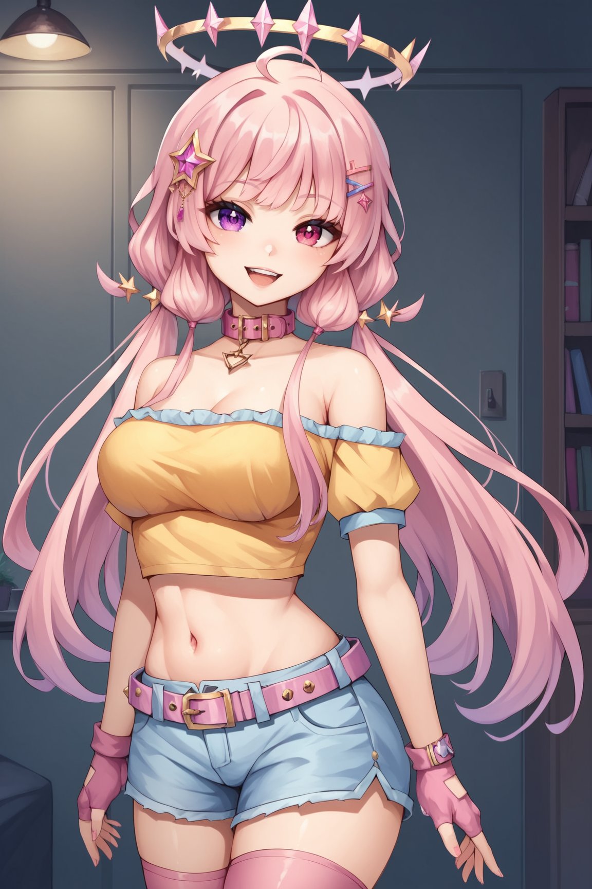 score_9, score_8_up, score_7_up, score_6_up, score_5_up, score_4_up, EssieVTXL, (pink eye, purple eye), heterochromia, pink hair, sidelocks, long hair, hair ornament, collar, yellow spiked halo, yellow crop top, short sleeves, bare shoulders, short, belt, pink thighhigh, pink fingerless gloves, standing, seductive smile, looking at viewer, room <lora:EssieVTXL:0.7>