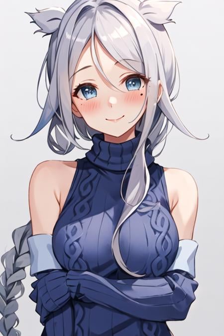 best quality, masterpiece, highres, solo, {umikaze_kantaicollection:1.15}, long_hair, blue_eyes, braid, single_braid, grey_hair, bangs, mole, mole_under_eye, very_long_hair, parted_bangs, breasts, blush, serafuku, sleeveless, smile, white_hair, hair_tie, hair_flaps, 1girl, alternate_costume, blue_sweater, looking_at_viewer, simple_background, sweater, turtleneck, upper_body, white_background, ribbed_sweater, turtleneck_sweater