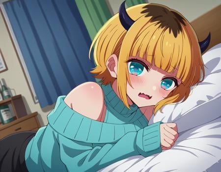 score_9, score_8_up, score_7_up, source_anime,memcho, <lora:memcho-s1-ponyxl-lora-nochekaiser:1>memcho, blonde hair, blue eyes, blunt bangs, demon horns, fake horns, horns, short hair,bare shoulders, black skirt, blue sweater, long sleeves, off shoulder, off-shoulder sweater, puffy sleeves, skirt, sweater, white ribbon,indoors, bed, bed room, on side, blush, drunk,looking at viewer, dutch angle, cowboy shot