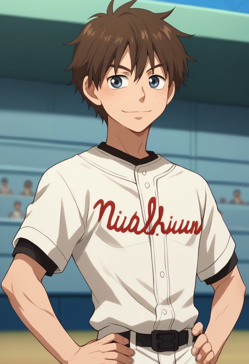 score_9, score_8_up, score_7_up, source_anime, highly detailed, kosuke, 1boy, male focus, freckles, brown hair, blue eyes, solo, sportswear, baseball uniform, hand on hip, smile, upper body,