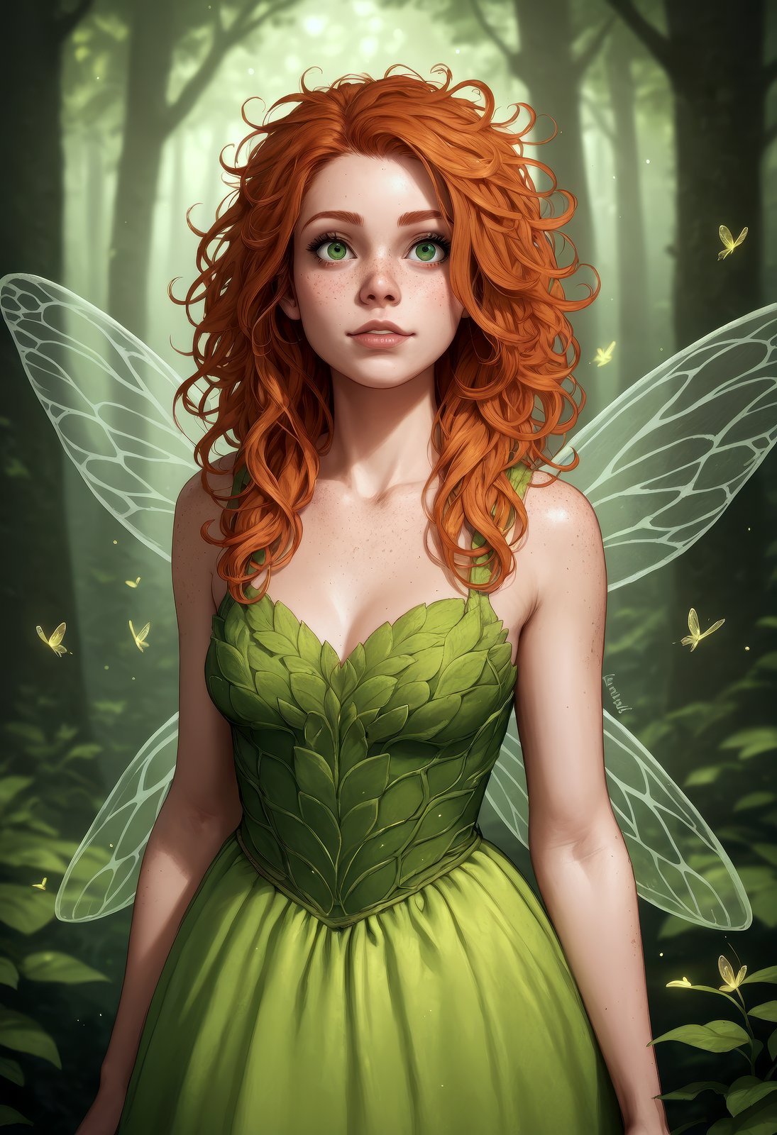 score_9, score_8_up, score_7_upvery aesthetic, best quality, (rating_safe), detailed face and eyes, fairy with wings, ginger hair, messy hair, dress, fireflies, forest, green eyes, (freckles:0.8)