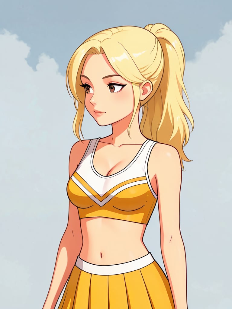 yellowcheer,  three-quarter view a beautiful young blonde woman with deep brown eyes wearing a sexy yellow cheer top with...