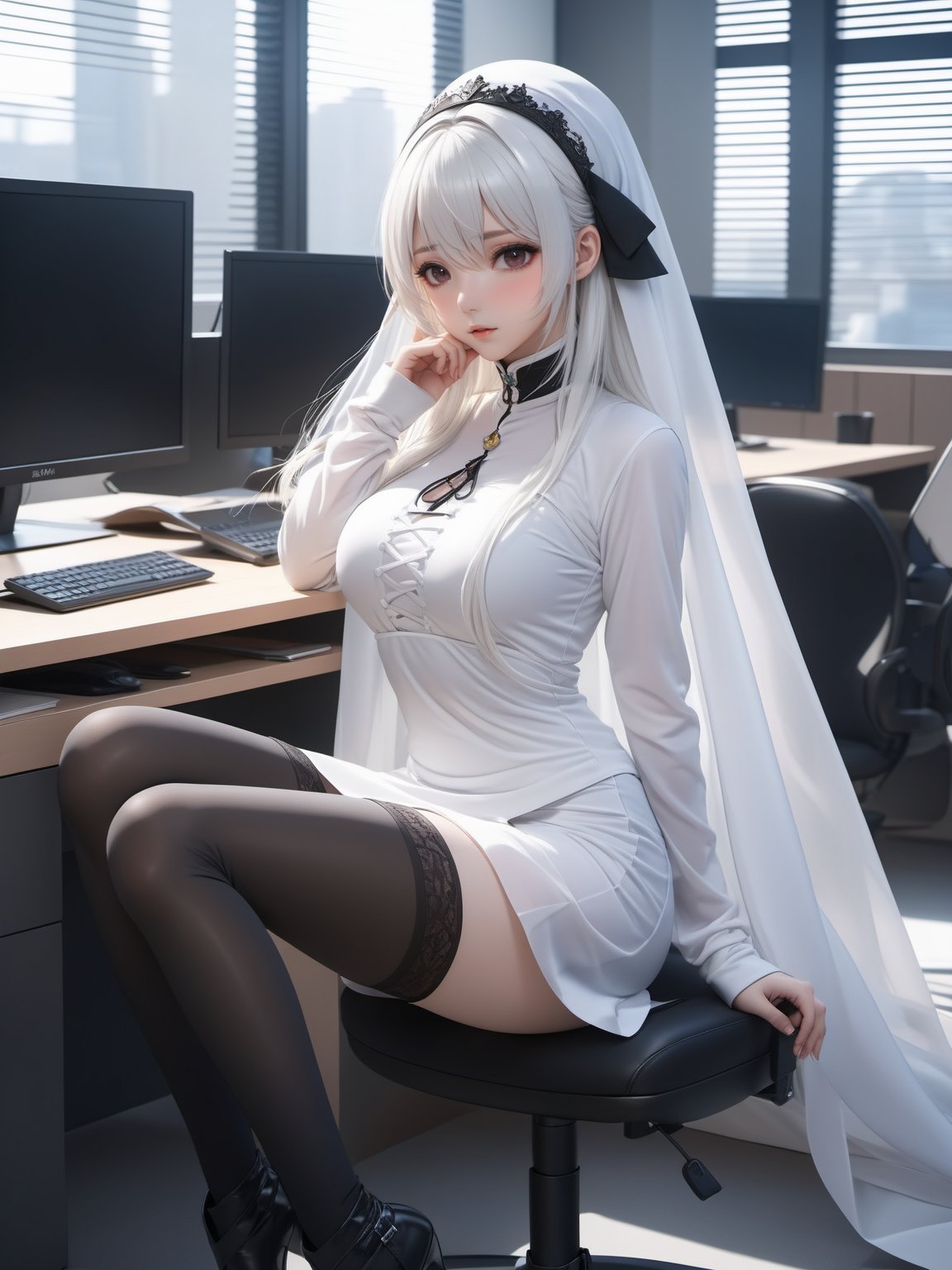 [artist:ciloranko],[[artist:ask(askzy)]],[[[[artist:modare]]]],huangyueying,1girl,veil,long hair,solo,mouth veil,long sleeves,white hair,full body,asymmetrical_legwear,one black and one white,one black stockings and one white stockings,uneven_legwear,full_body,looking at viewer,high heel boots,jewelry,medium breasts,desk,legs,crossed legs,sitting,office,crossed ankles,indoors,office chair,monitor,alternate costume,skirt,pencil skirt,turtleneck,sweater,contemporary,