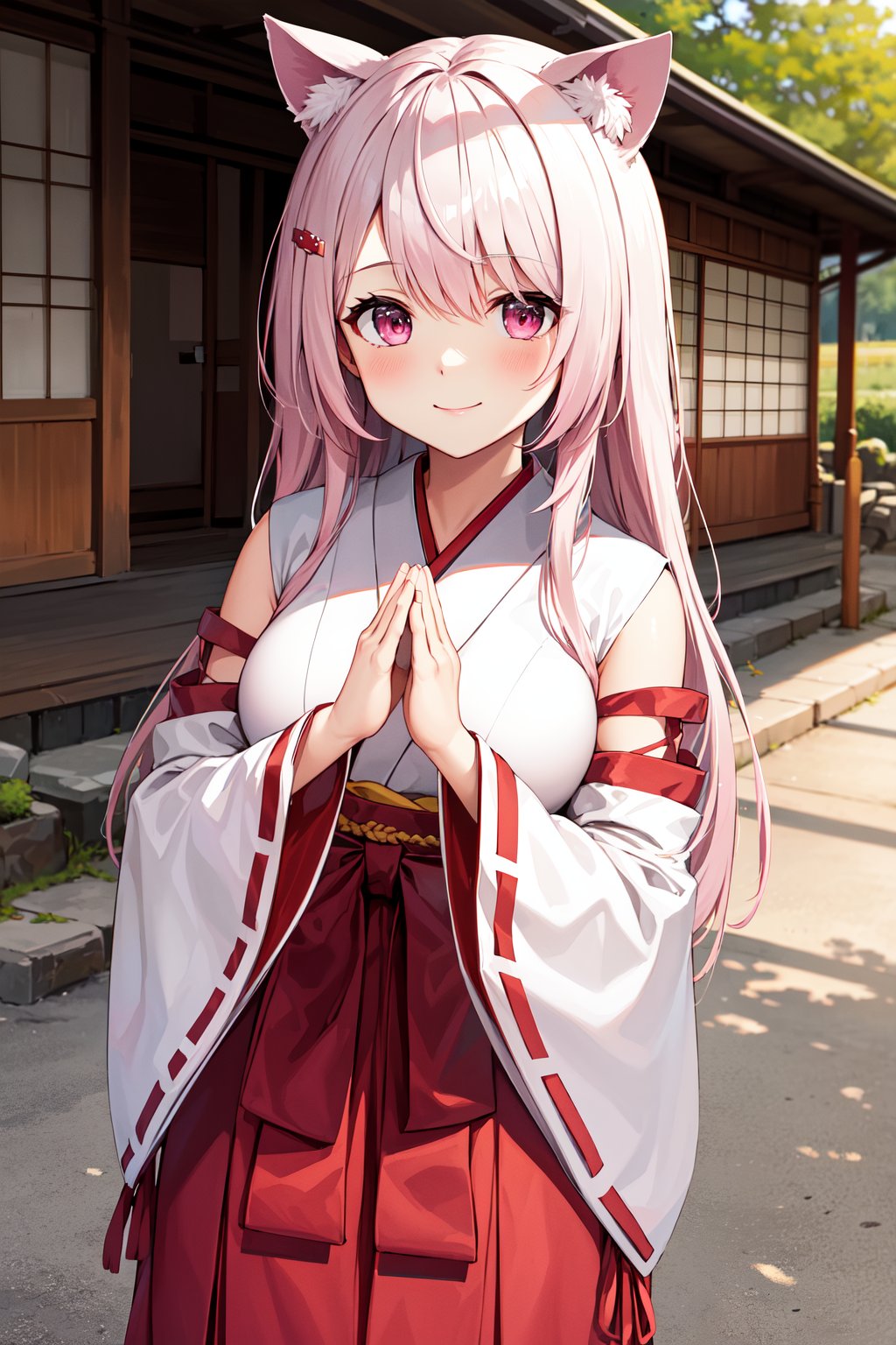 masterpiece, best quality, highres, bbyuika, long hair, pink hair, animal ears, hair ornament, miko, japanese clothes, white kimono, ribbon-trimmed sleeves, wide sleeves, sleeves past wrists, red hakama, hakama skirt, <lora:shiina_yuika_v1:0.7>, v arms, own hands together, smile, standing, outdoors