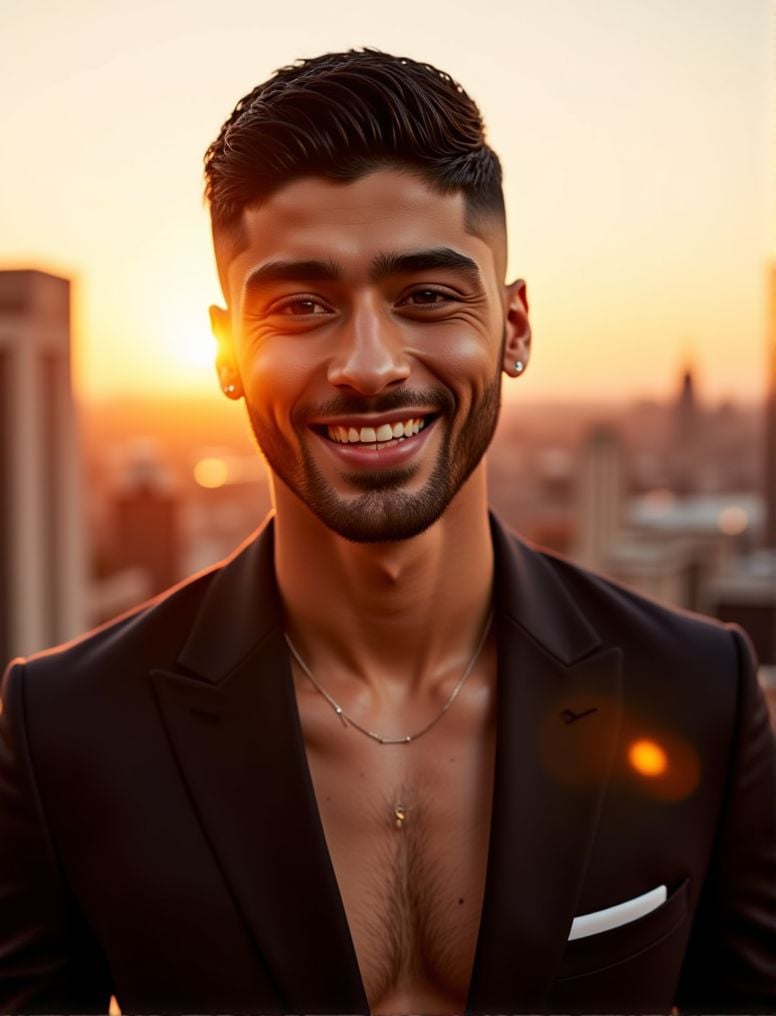 Zayn Malik ,  In the heart of a bustling city,  under the soft glow of a golden hour sunset by HottiesnHotties on Tensor.Art
