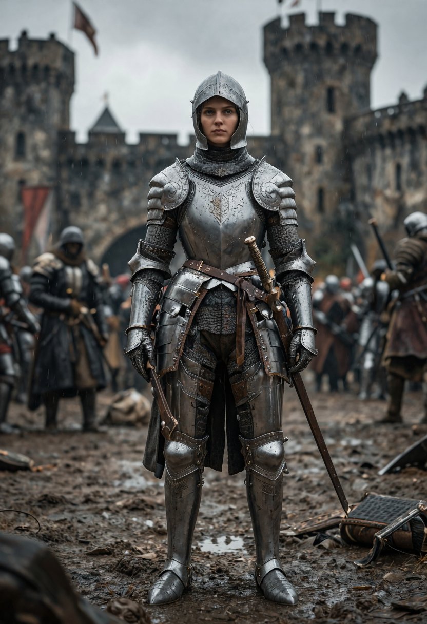 masterpiece,  female knight standing in a medieval castle courtyard after battle,  realistic armor by Electric Dreams on T...