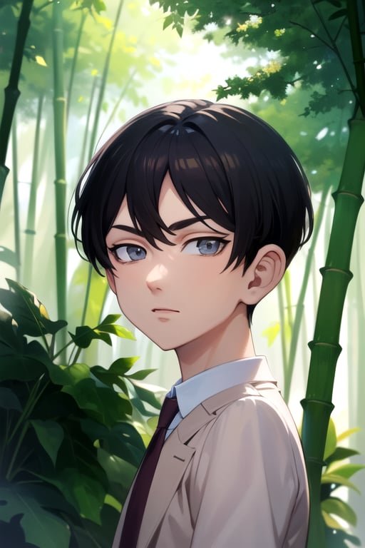 (best quality:1.1), (masterpiece:1.4), illustration, looking at viewer, , , , , 1boy, solo, male focus, <lora:naoto_tachibana:0.74>, naoto_tachibana, black hair, grey eyes, short hair, , , bamboo forest, 2k resolution