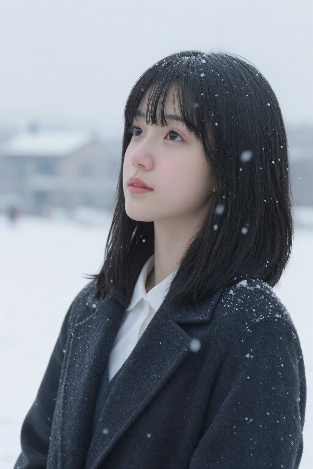 This is a photograph of a young Asian woman standing outdoors in a snowy landscape. She has a fair complexion and straight...