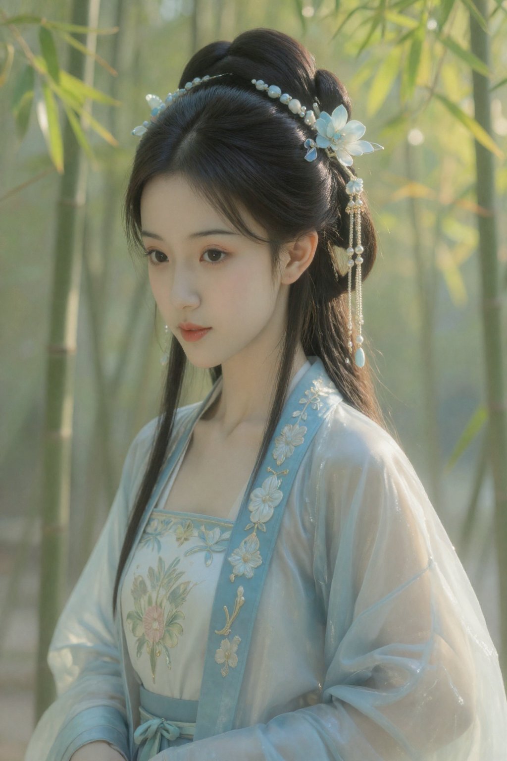画面中是一位年轻的东亚女性,  看起来二十岁出头,  她以正式的肖像画形式出现 by 天TIN on Tensor.Art
