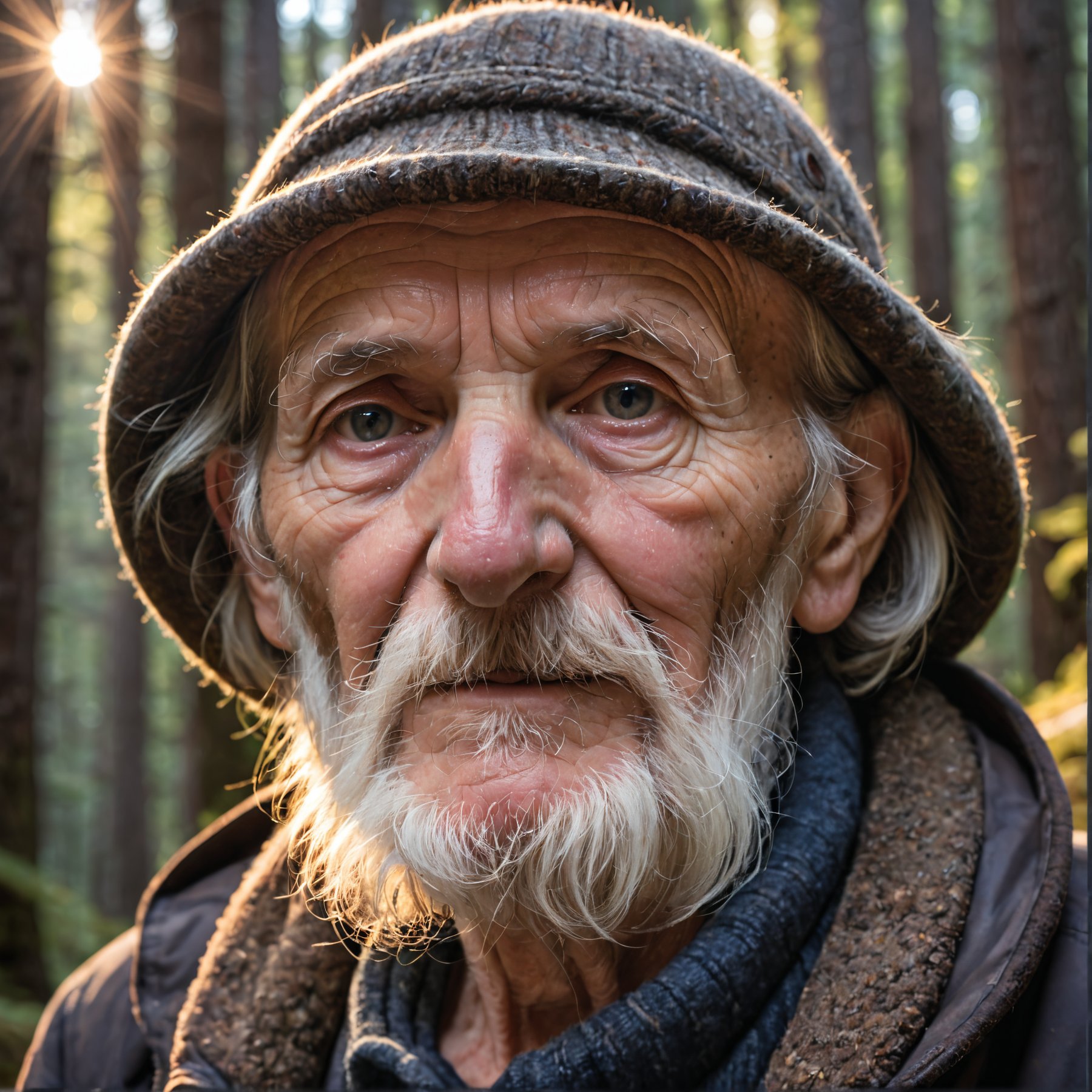 Closeup Photo Portrait an old wanderer in a mountain forest, detailed light, high quality photography, 3 point lighting, flash with softbox, 4k, Canon EOS R3, hdr, smooth, sharp focus, high resolution, award winning photo, 80mm, f2.8, bokeh