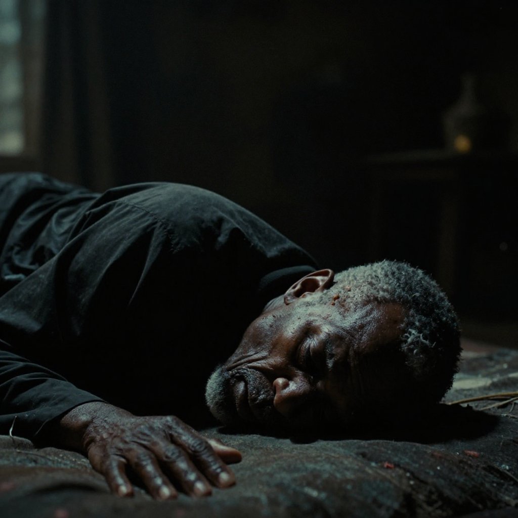 cinematic film still of Dark Chiaroscuro Lighting Style cinematic film style a sad old black man laying on a bed with his...