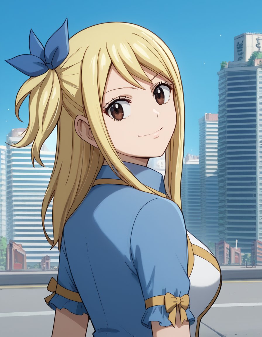 score_9, score_8_up, score_7_up, source_anime, lucyheartfilia, <lora:lucy-heartfilia-s7-ponyxl-lora-nochekaiser:1>, lucy heartfilia, blonde hair, brown eyes, long hair, one side up, ribbon, hair ribbon, blue ribbon, large breasts,, <lora:shaft-look-ponyxl-lora-nochekaiser:1>, shaft look, looking back, from behind, head tilt,, cityscape, street, smile,, cowboy shot, dutch angle, solo,